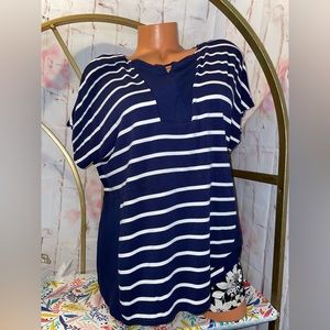 Chico’s Women Sz 2 cap sleeve blouse blue/white striped